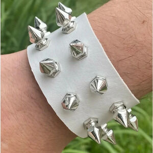 WhiteLeather Punk Goth Rock Double Spike Metal Stud Buckle Cuff Bracelet NEW